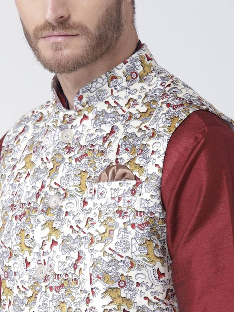 Men's White Viscose
 Printed Nehru Jackets